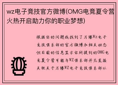 wz电子竞技官方微博(OMG电竞夏令营火热开启助力你的职业梦想)